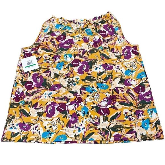 Ellen Tracy Sleeveless Blouse Ginger Combo Floral Cinch Neckline V Neck Large - Picture 2 of 4